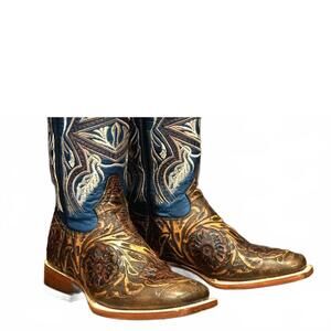 NEW TANNER MARK men's sin wagon tooled leather boots in orix cognac